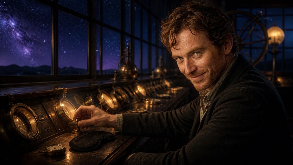 AI-assisted panoramic view of fictional Cillian placing a cosmic observatory cockpit into quiet mode beneath a star-filled window.