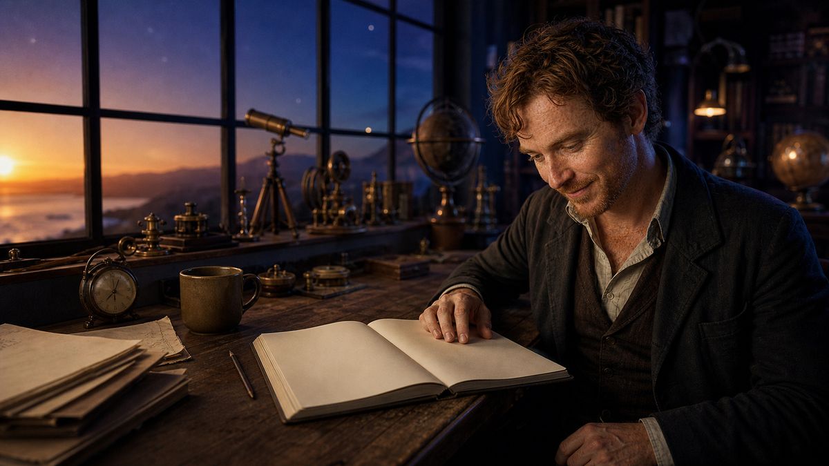 AI-assisted panoramic composition of a blank ship's log and contextual clues extending across fictional Cillian's observatory desk.