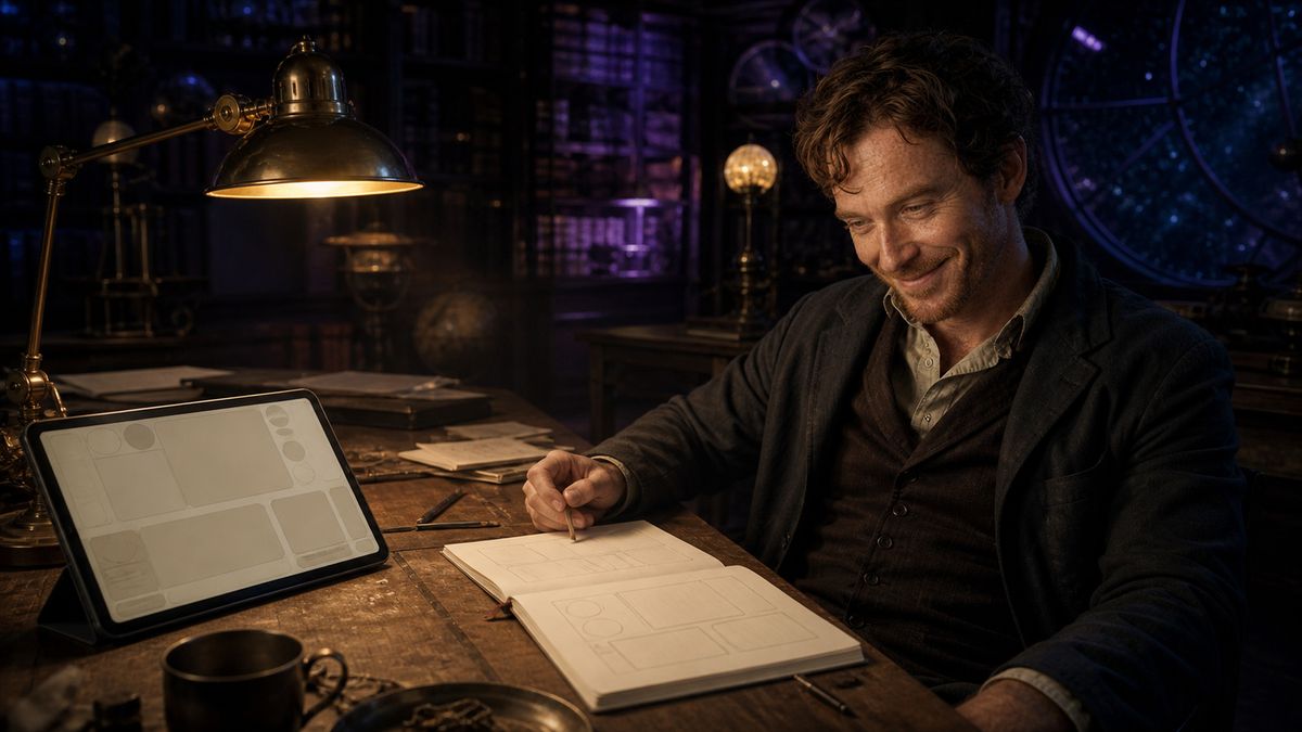 AI-assisted wide workshop view of fictional Cillian sketching a data flow beside a monitor made only of neutral unlabeled interface shapes.